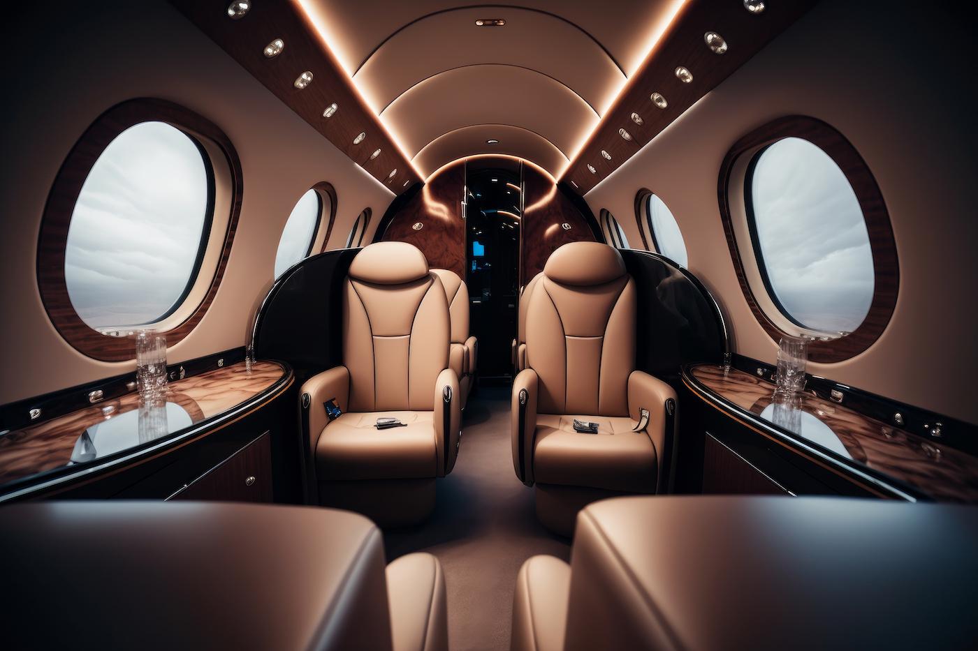 Interior luxuoso de cabine de jato executivo com poltronas de couro e madeira nobre